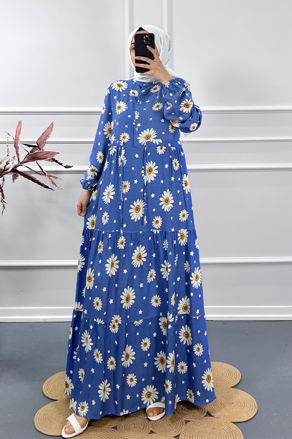 Papatya Desenli Elbise - Mavi