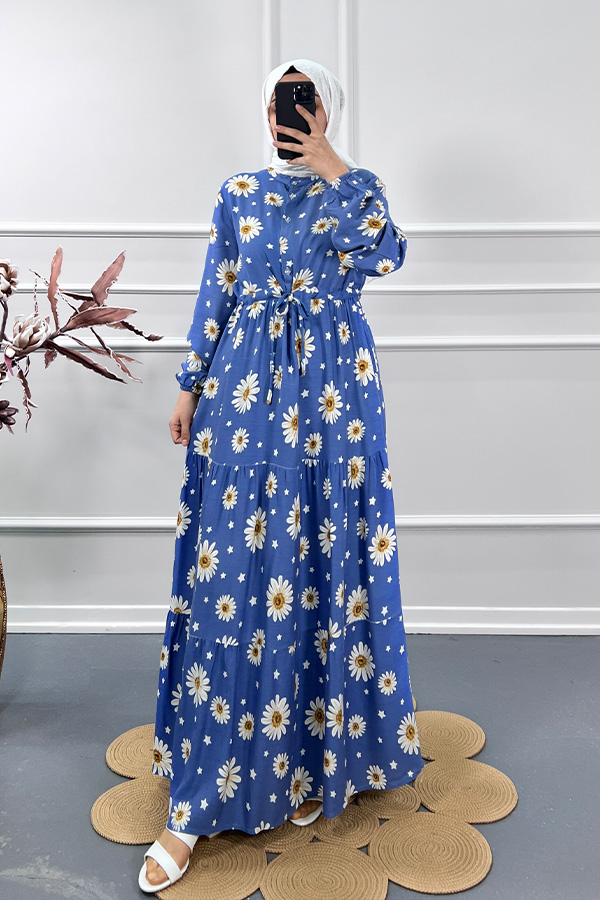 Papatya Desenli Elbise - Mavi