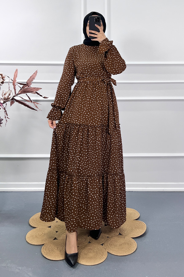 Puantiyeli Elbise - Kahverengi