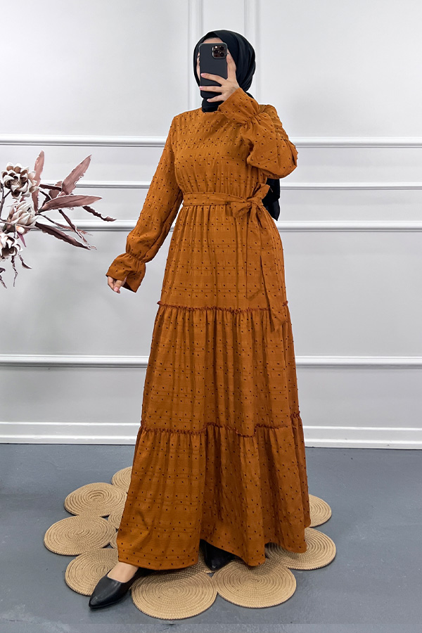 Puantiyeli Gofre Elbise - Camel