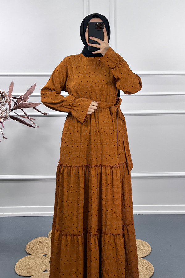Puantiyeli Gofre Elbise - Camel