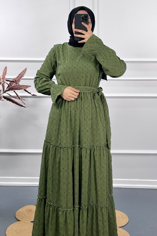 Puantiyeli Gofre Elbise - Yeşil