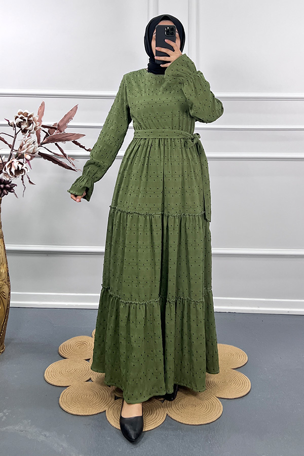 Puantiyeli Gofre Elbise - Yeşil