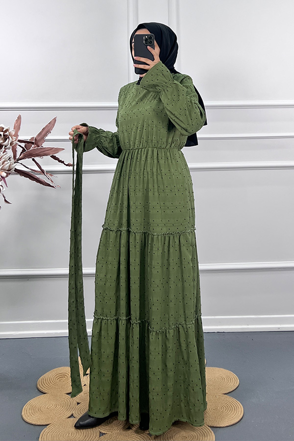 Puantiyeli Gofre Elbise - Yeşil