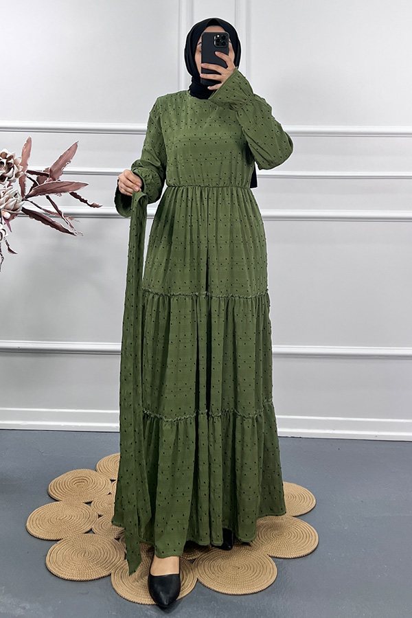 Puantiyeli Gofre Elbise - Yeşil