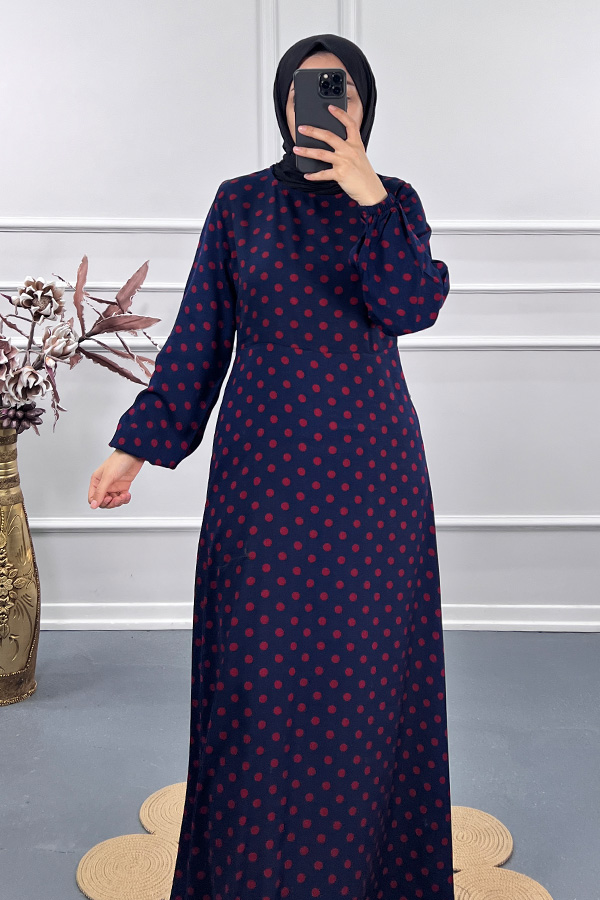 Puantiyeli Viskon Elbise - Lacivert
