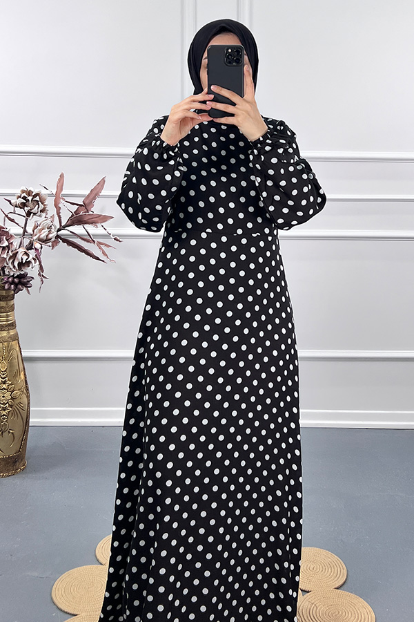 Puantiyeli Viskon Elbise - Siyah