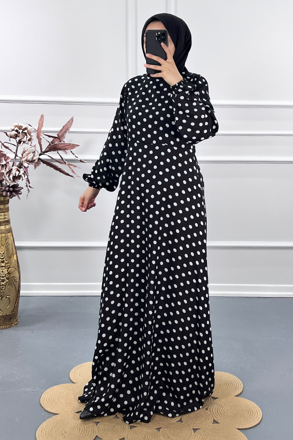 Puantiyeli Viskon Elbise - Siyah