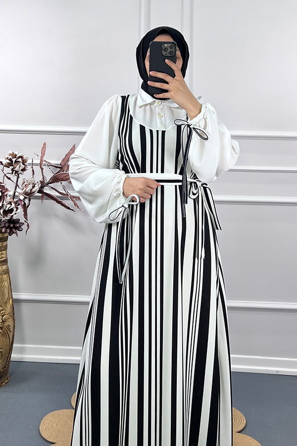 Renk Detaylı Jile Elbise - Beyaz