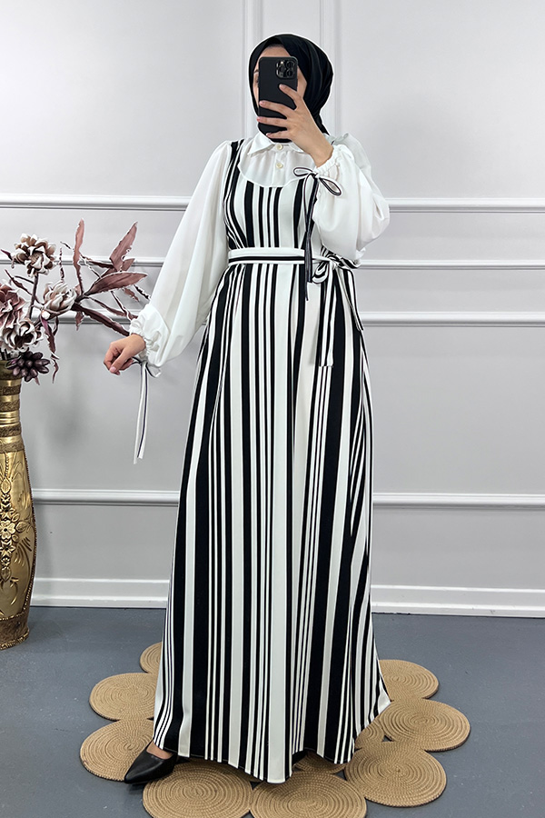 Renk Detaylı Jile Elbise - Beyaz