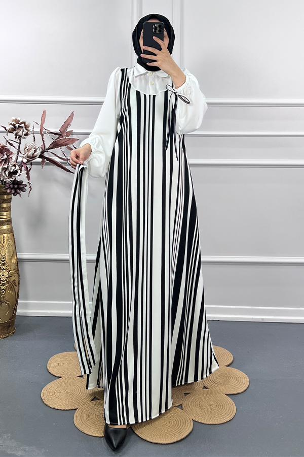 Renk Detaylı Jile Elbise - Beyaz