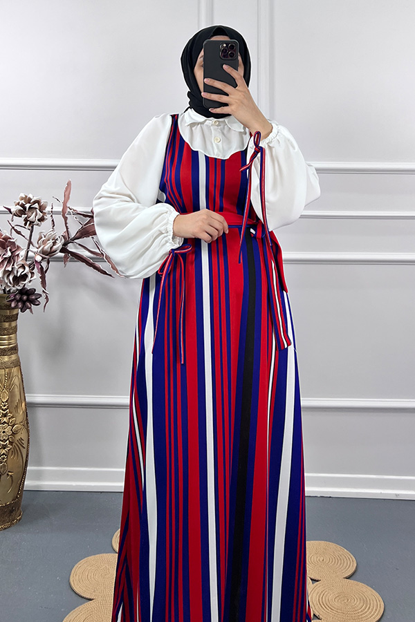 Renk Detaylı Jile Elbise - Kırmızı