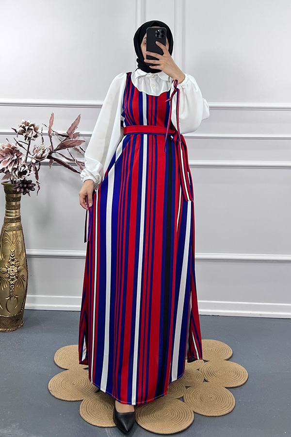 Renk Detaylı Jile Elbise - Kırmızı