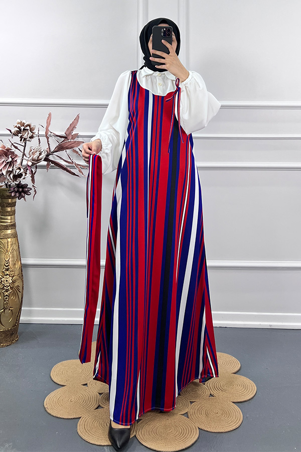 Renk Detaylı Jile Elbise - Kırmızı