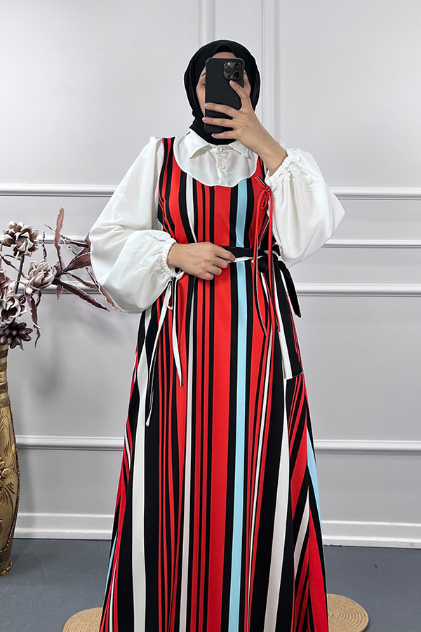 Renk Detaylı Jile Elbise - Turuncu