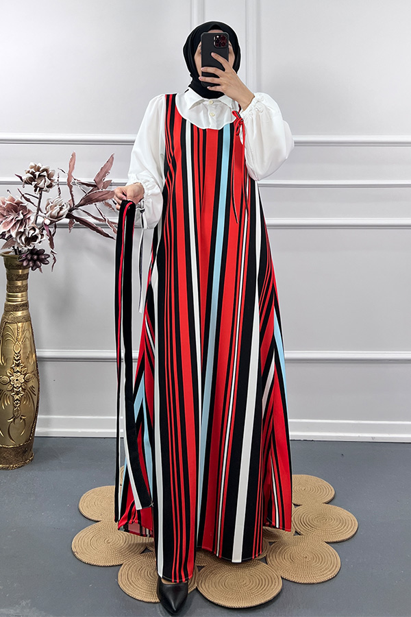 Renk Detaylı Jile Elbise - Turuncu