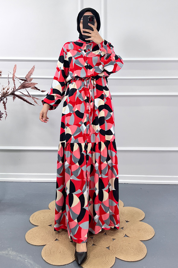 Renkli Yazlık Elbise - Kırmızı