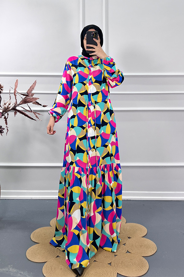 Renkli Yazlık Elbise - Pembe