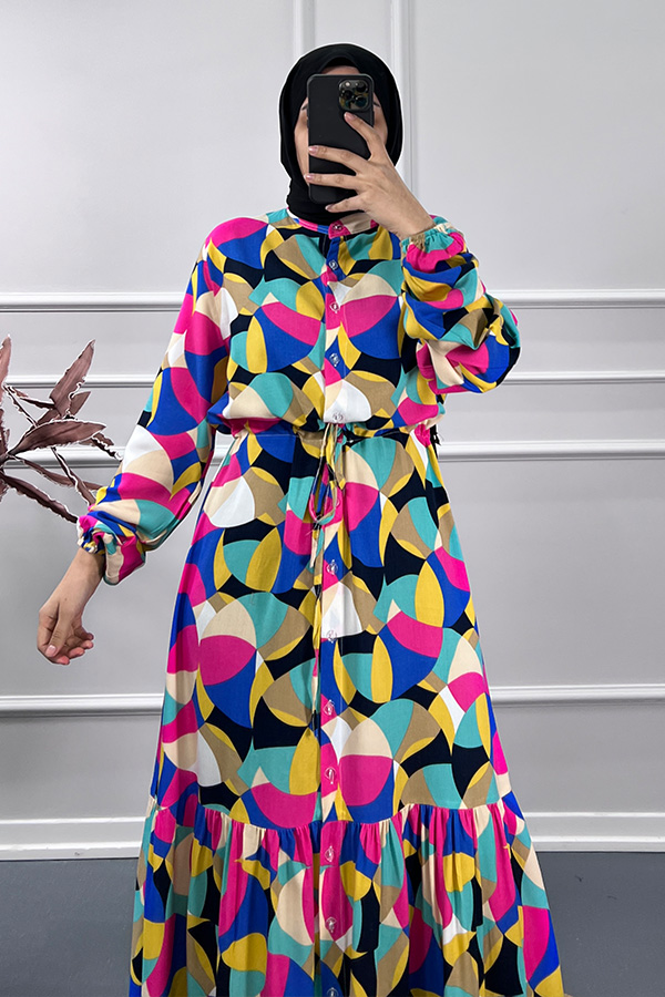 Renkli Yazlık Elbise - Pembe