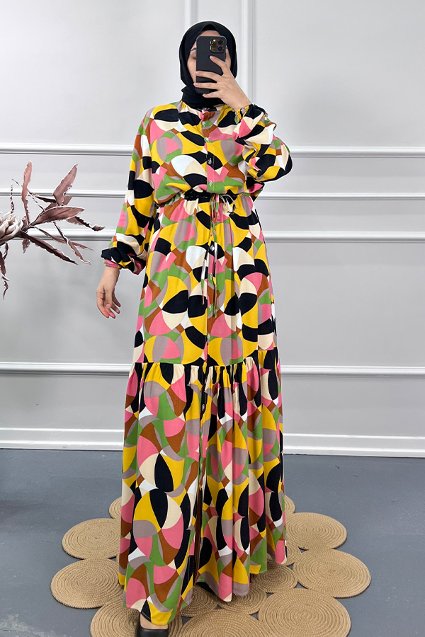 Renkli Yazlık Elbise - Sarı