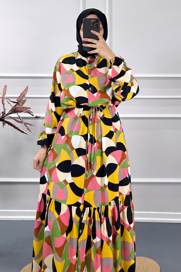 Renkli Yazlık Elbise - Sarı