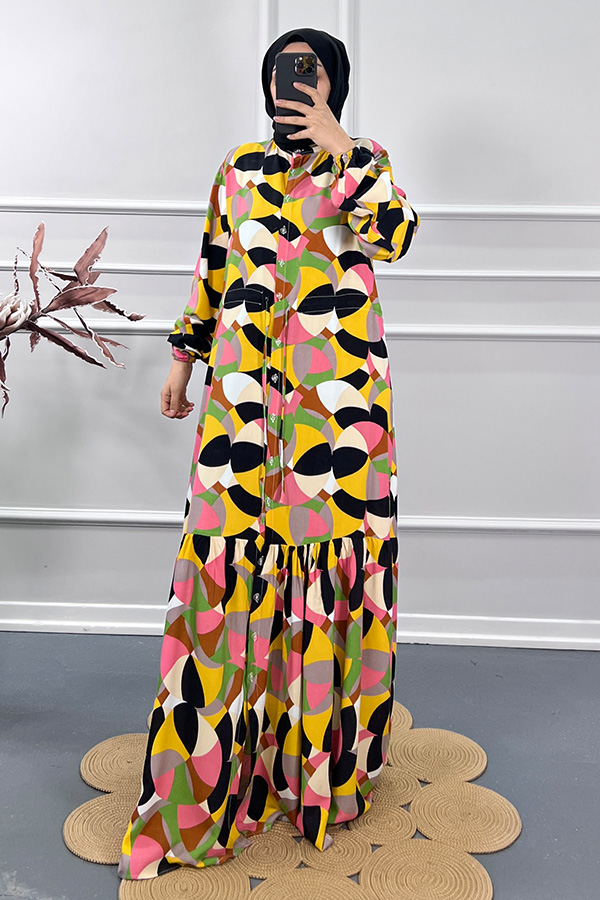 Renkli Yazlık Elbise - Sarı