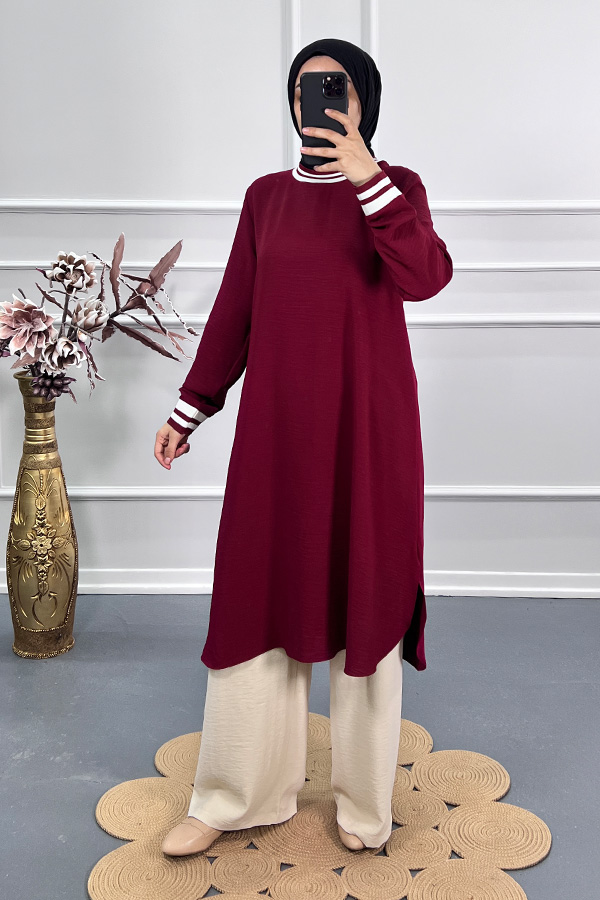 Ribanalı Tunik - Bordo