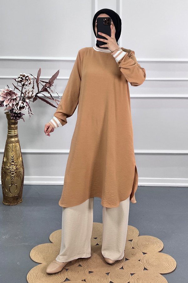 Ribanalı Tunik - Vizon