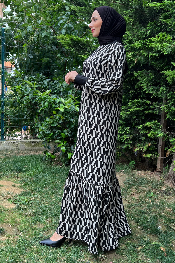 Ribanalı Pamuk Viskon Elbise - Siyah