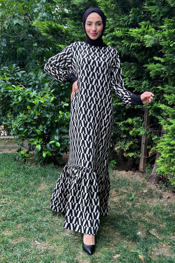 Ribanalı Pamuk Viskon Elbise - Siyah