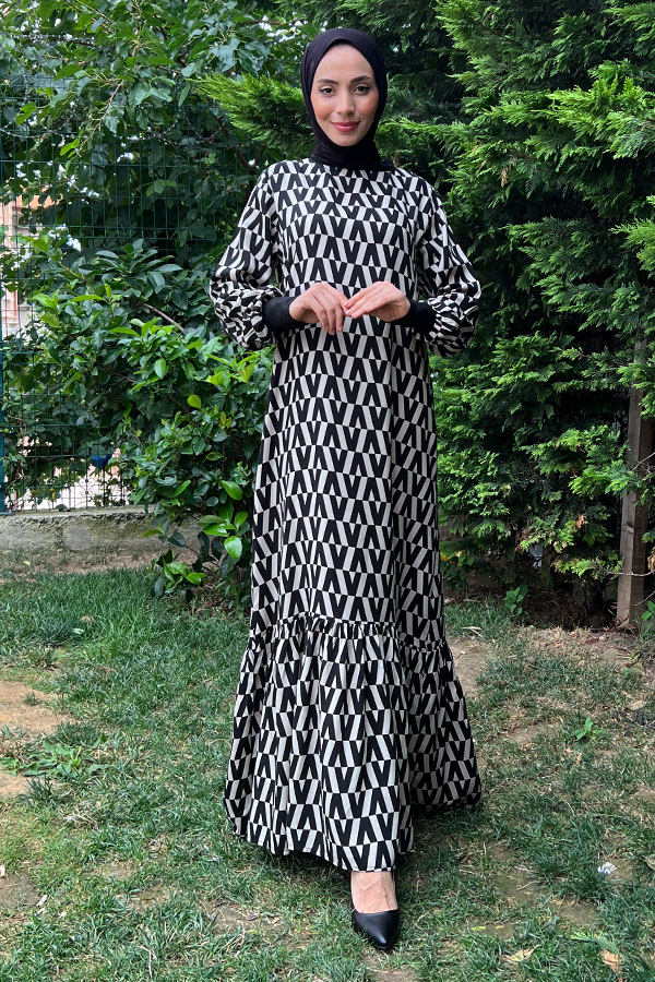 Ribanalı Pamuk Viskon Elbise - Siyah