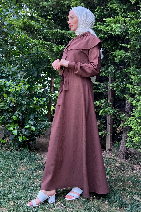 Şal Yaka Düğmeli Keten Elbise - Kahverengi