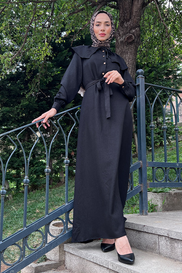 Şal Yaka Düğmeli Keten Elbise - Siyah