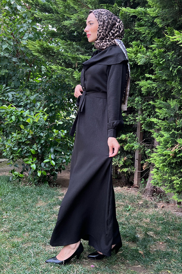 Şal Yaka Düğmeli Keten Elbise - Siyah