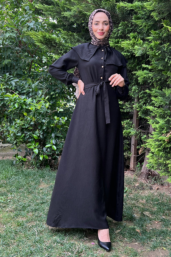 Şal Yaka Düğmeli Keten Elbise - Siyah