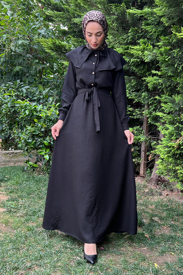 Şal Yaka Düğmeli Keten Elbise - Siyah