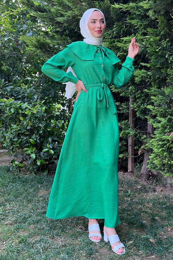 Şal Yaka Düğmeli Keten Elbise - Yeşil