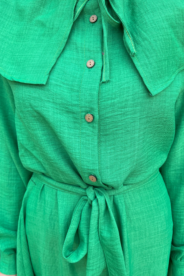 Şal Yaka Düğmeli Keten Elbise - Yeşil