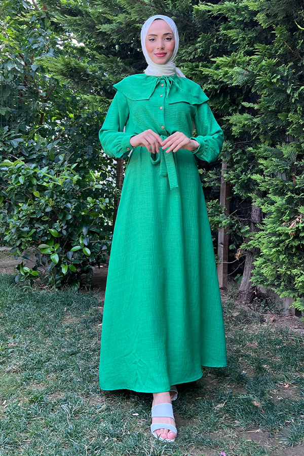Şal Yaka Düğmeli Keten Elbise - Yeşil
