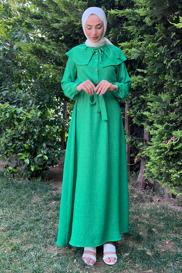 Şal Yaka Düğmeli Keten Elbise - Yeşil