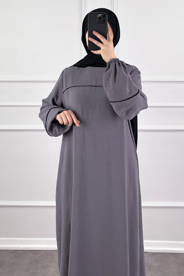 Şeritli Ayrobin Elbise - Gri