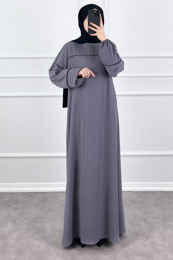 Şeritli Ayrobin Elbise - Gri