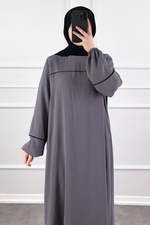 Şeritli Ayrobin Elbise - Gri