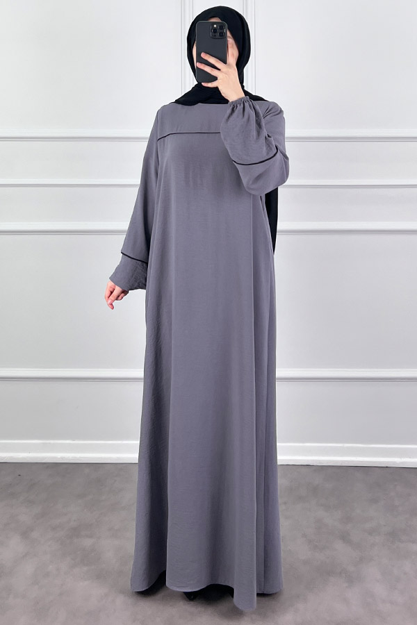Şeritli Ayrobin Elbise - Gri