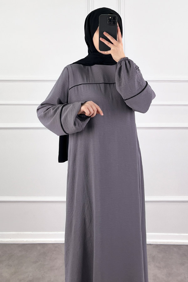 Şeritli Ayrobin Elbise - Gri