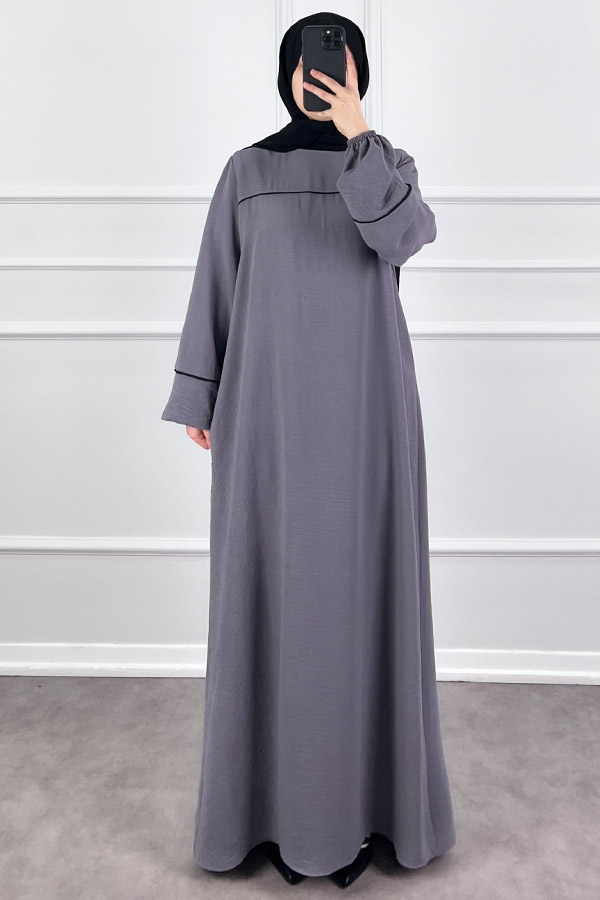 Şeritli Ayrobin Elbise - Gri