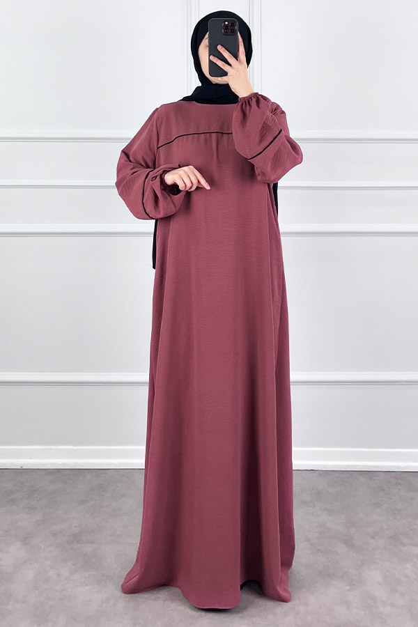 Şeritli Ayrobin Elbise - Gül Kurusu