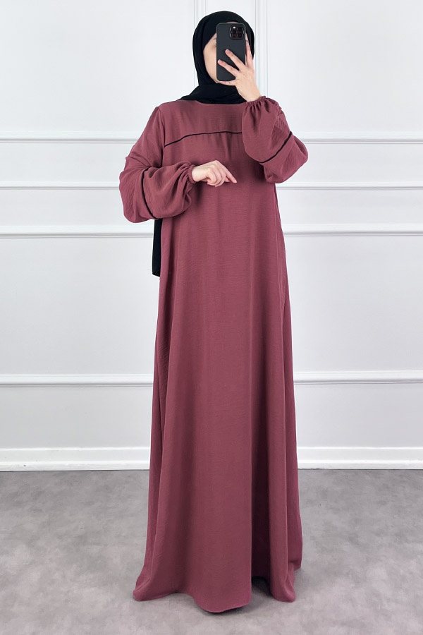 Şeritli Ayrobin Elbise - Gül Kurusu