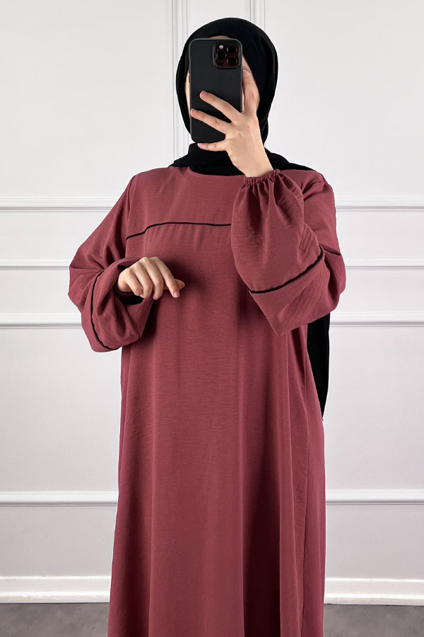 Şeritli Ayrobin Elbise - Gül Kurusu