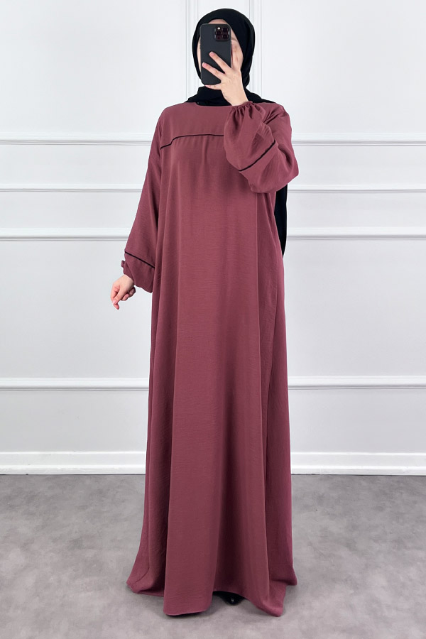 Şeritli Ayrobin Elbise - Gül Kurusu